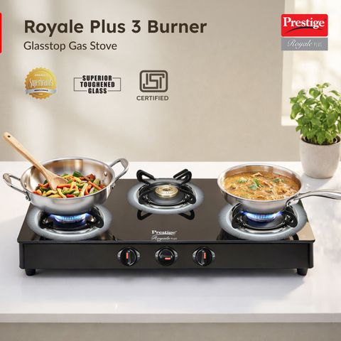 Prestige Royale Plus GT 03L Toughened Black Glass Top with Baati/Tandoor Stand Inside Glass Manual Gas Stove (3 Burners) - Image 6