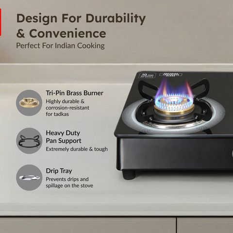 Prestige Royale Plus GT 03L Toughened Black Glass Top with Baati/Tandoor Stand Inside Glass Manual Gas Stove (3 Burners) - Image 8