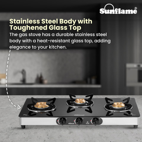Glass Top Steel Three Burner Gas Stove Sunshine Arrow Burner Gas