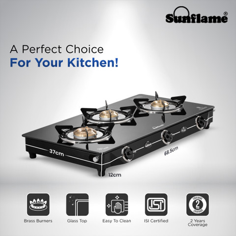 Sunflame GT PRIDE 3B BK Glass Manual Gas Stove Price in India