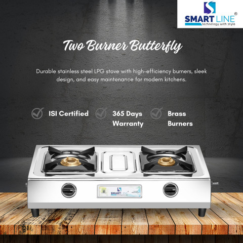 SMART LINE Two Burner Butterfly LPG Gas Stove – Stainless Steel