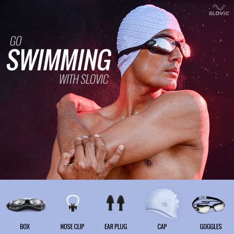 SLOVIC Swimming Kit Swimming Goggles Swimming Cap with Ear Plug, Nose  Clip Anti Fog Swimming Goggles