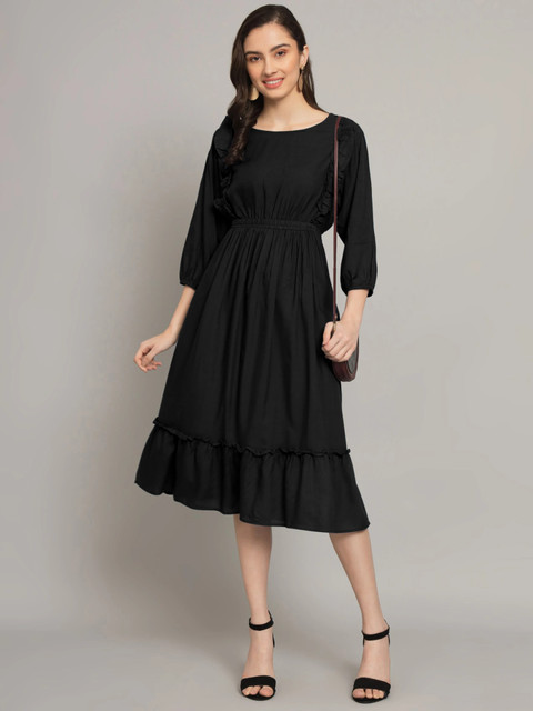 Raiyani Enterprise Women Fit and Flare Black Knee Length Dress - Buy  Raiyani Enterprise Women Fit and Flare Black Knee Length Dress Online at  Best Prices in India | Flipkart.com
