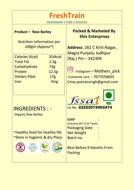FreshTrain Organic Raw Barley Seeds | Jau Beej | Barley Grain