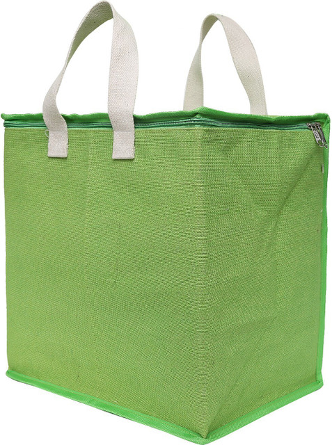 DOUBLE R BAGS Jute Shopping Grocery Vegetable Bag With Reinforced Handles , Underbed Storage Bag With Zip (Green)-Combo Of 4