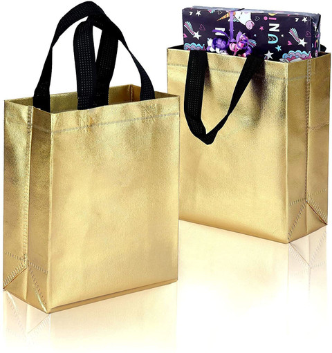 DOUBLE R BAGS Reusable Small Size Grocery Bag Shopping Bag with Handle,  Non-Woven Gift Bag Goodies Bag Golden Carry Bag-Pack of Pack of Grocery 