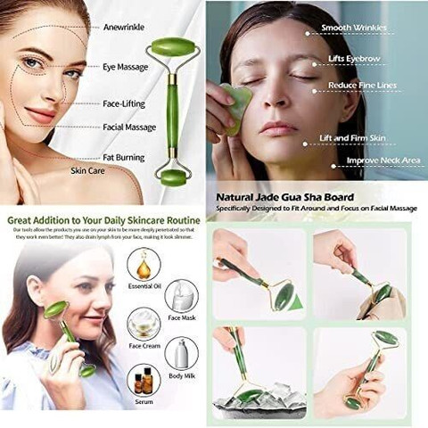 FLYDER Gold Energy Beauty Bar Electric Vibration Facial Massage Roller,  T-Shaped Anti Wrinkle Massager, With 3D Manual Roller Face Body Massager  With Anti Aging 100% Natural Jade Stone Smooth Facial Roller Massager