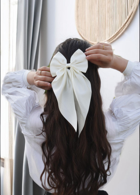 ChicTresses Off White Color Satin Hair Bow Clips for Women, Cute Hair Bow  Clips Hair Clip