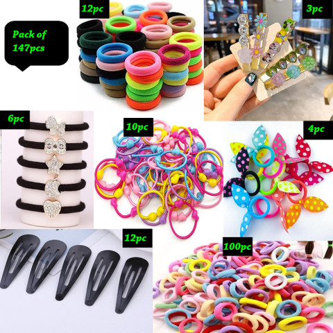 NAVMAV Trendy Hair Rubber Bands and Hair Clips Combo Set 147 Pieces for Kids Girls Hair Accessory Set