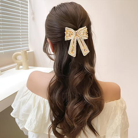 EASYOUNG Hair Accessories Trendy Silver Pearl Rhinestone Bow  display picture 3