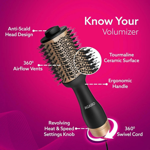 AGARO HV2179 Hot Air Brush, Hair Blow Dryer, Volumizer Styler, 360  Airflow Vent Hair Dryer