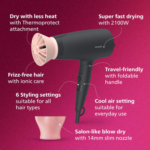 PHILIPS Hair Dryer Powerful Drying With Less Heat Styling Options For  Salon Hair Dryer