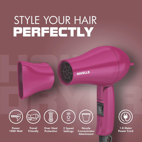 HAVELLS HD1810 1000W Foldable Hair Dryer, 2Heat Settings, Heat Balance  Technology Hair Dryer