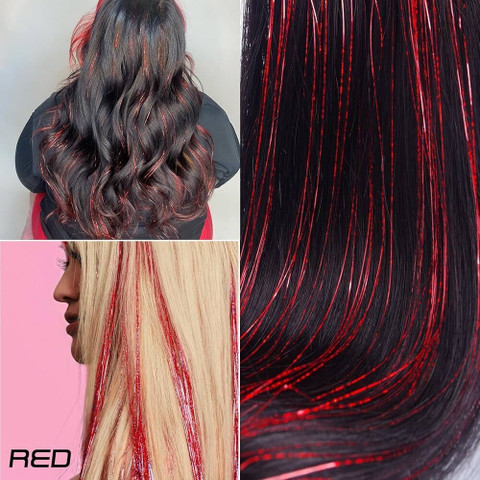 El Cabell Sparkling Red hair Tinsel Glitter highlights 40 inches for Women's girl's Hair Extension