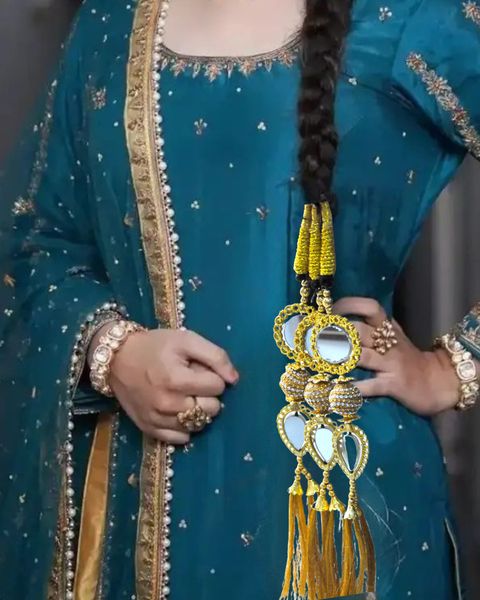 Sunduseva Gold Finish Hair Paranda with Tassels & Mirrors  display picture 2
