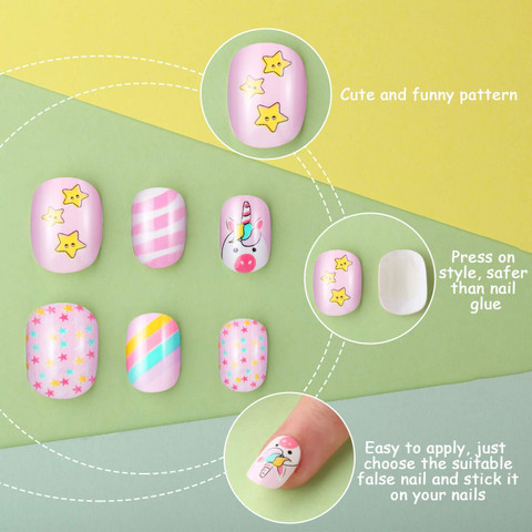 ZUGAD Kids Stick on Nails, Kids False Nails Cartoon Press on Fake