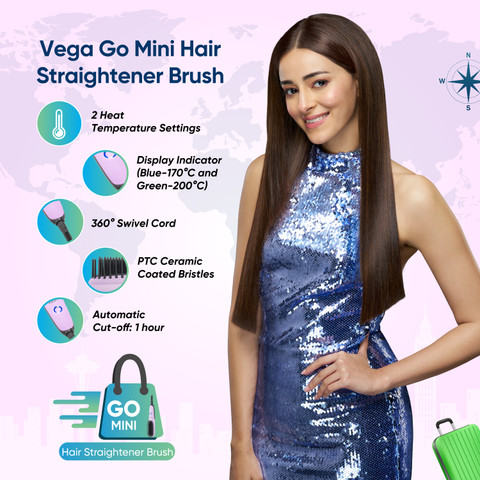 VEGA Mini Hair Straightener Brush for Women with Thermoprotect Technology  Go Mini VHSB-05 Hair Straightener Brush