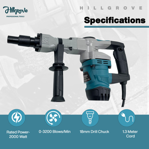 Hillgrove 100% Copper Winding HGCM1058M3 18MM Drill Machine with Bits for  Breaking Concrete Wall (18 mm Chuck Size, 2000 W) HPD36 Rotary Hammer