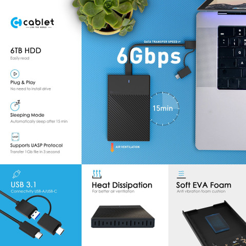 Cablet USB Type C inch Shock Resistant HDD/SSD 6GBPS Speed
