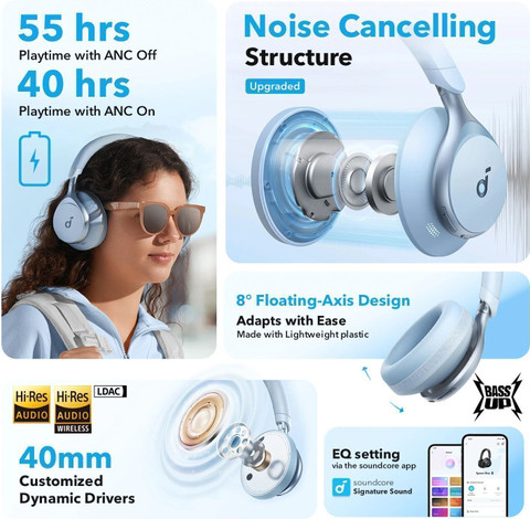 Soundcore by Anker Space One, 40H ANC Playtime, LDAC Hi-Res