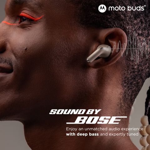 MOTOROLA buds+|Sound by Bose, Dual Dynamic Drivers, 48dB ANC, Dolby Head Tracking Bluetooth Headset (Beach Sand, True Wireless) - Image 5