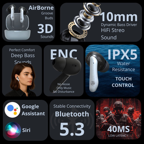 AirBorne Groove Buds in-Ear with 48 Hrs Playtime,IPX 5,BT v5.3,ENC