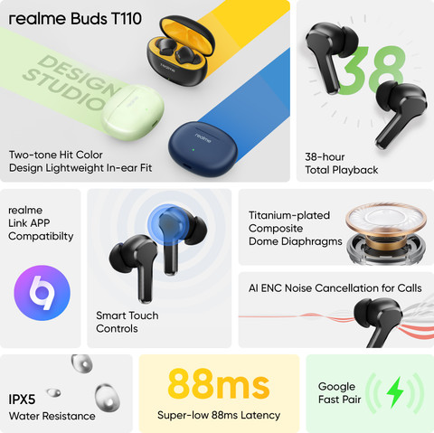 realme Buds T110 with AI ENC for calls, upto 38 hours of Playback and Fast  Charging Bluetooth