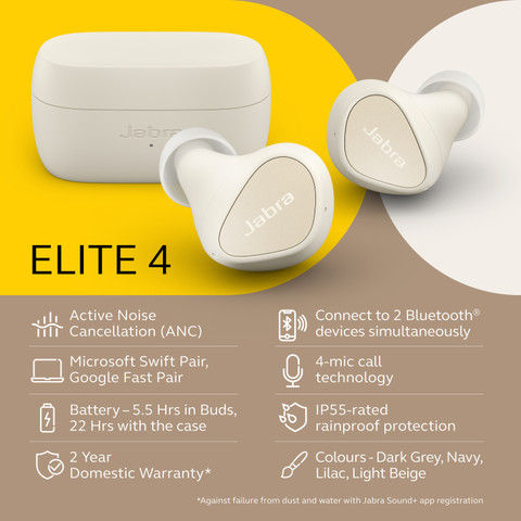 JABRA Jabra Elite Bluetooth Headsets with ANC, Multipoint, 4-mic