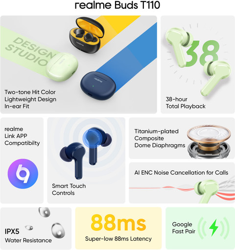 realme Buds T110 (RMA2306) with AI ENC for calls, 38 hours of