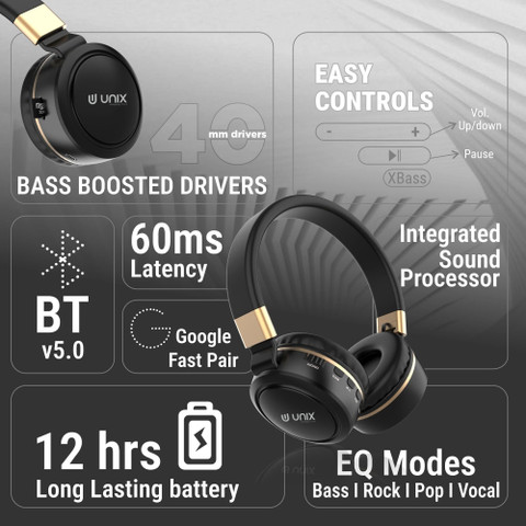 Unix Wireless Headphones I 12 Hrs PlaytimeI 40MM Drivers I Foldable I Built  in Mic Bluetooth