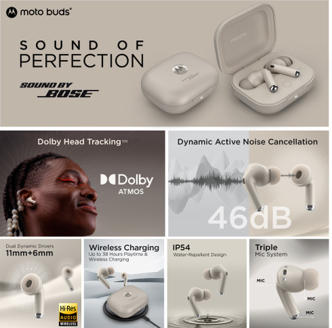 moto buds+|Sound by Bose, Dual Dynamic Drivers, 48dB ANC, Dolby