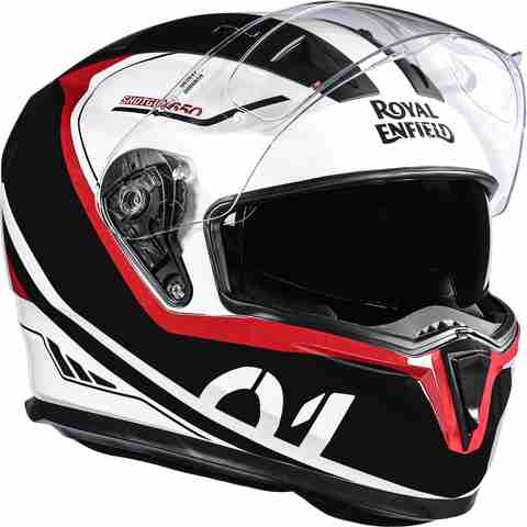 bike helmet royal enfield ESCAPADE WITH CLEAR VISOR WHITE & RED – Moto Marvels Fiberglass Classic open face design Adjustable nylon chin straps with micrometric lock system Protection Impact protection Royal Enfield : FREE Helmet.
