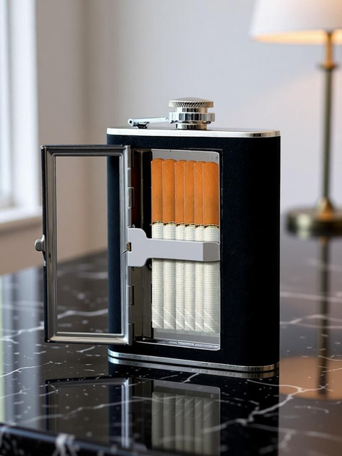 flask with built in cigarette case - Cool Stainless Steel and Leather Alcohol Flask Compartment/Cigarette - For Men and Women BONUS FUNNEL INCLUDED Protos India.Net Portable Pocket Sized