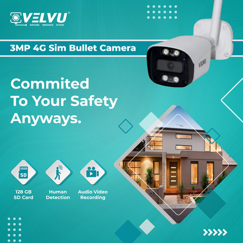 VELVU 3MP IP 4G Sim Bullet Camera for Home, Shop, Office, Bus