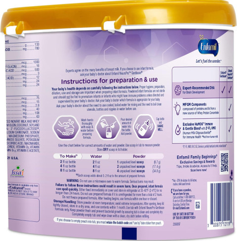 Enfamil NeuroPro Gentlease BabyFormula,BrainBuildingDHA,HuMO6 ImmuneBl,  Milkbased powder