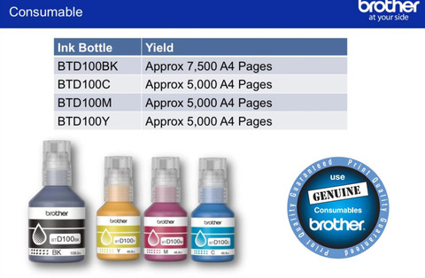 brother Original Ink Bottles BTD100 For T230 T430W T530DW T730DW T930DW ...