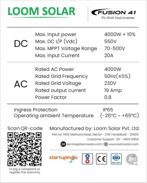 loom solar Fusion 4kW, 1Phase On Grid Solar Inverter Home Grid Tied ...