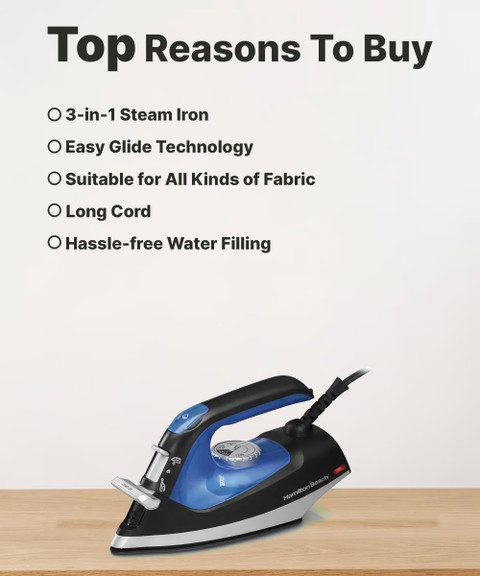 Hamilton Beach Steam Iron | 1500W With Stainless Steel Soleplate, Anti-Drip, 3-Way Auto Shut-Off, 10-Foot Cord
