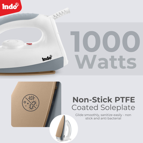 Indo 1000 W Dry Iron | 180° Swivel cord | 2 years warranty (White