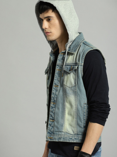 Hood Jean Jacket With No Sleeves Roadster Sleeveless Washed Men Jacket