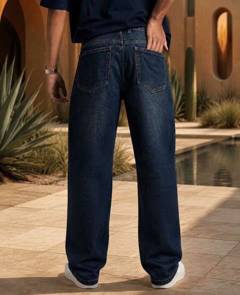 Playfeel Men Baggy Fit Mid Rise Dark Blue Jeans - Image 6