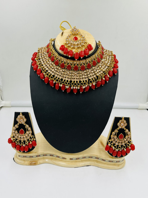 SS IMITATION JEWELLERY Alloy Gold-plated Red, Gold Jewellery Set