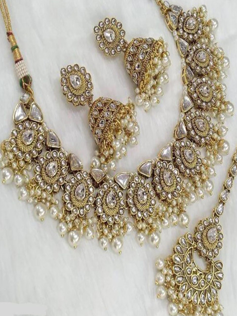 MAHI BRIDAL Brass, Alloy Gold-plated White Jewellery Set Price in