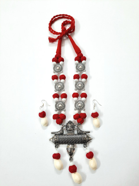 Soundarya boutique Oxidised Silver, Jute White, Red Jewellery Set