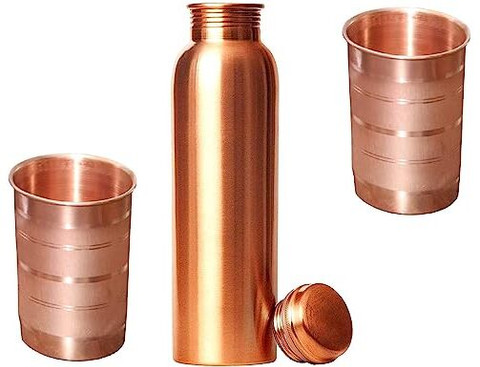 SINAL Stylish Copper Bottle & 2 Copper Glass Set (100% Copper)JG1