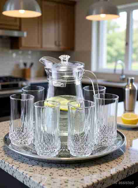 LELART 1.3 L Glass Water Jug with 6 × 250 ml Diamond-Cut Drinking 