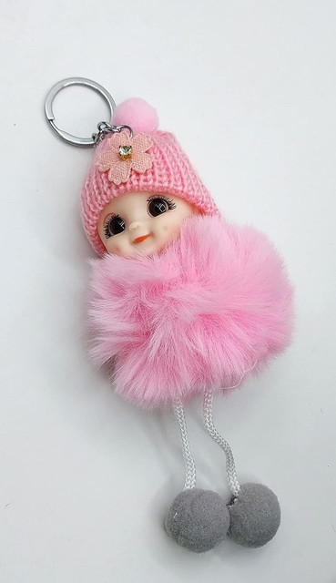 Tej Gifts Fluffy Faux Fur Cute Doll Pom Pom Key Ring Keychain for Girls  Bag Baby Pink Key Chain