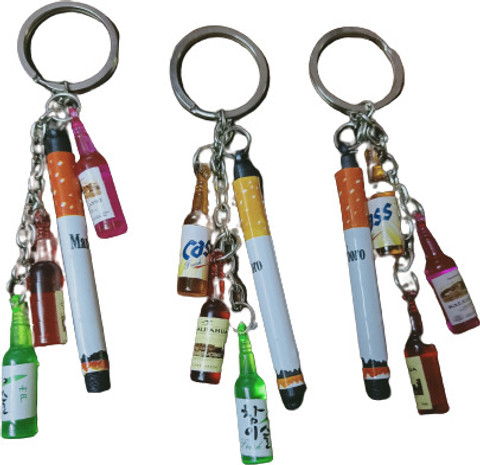 365 Degree Pack of 10 Antique 2 Bottle and 1 Cigarette Keychain