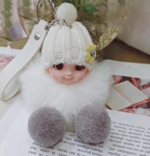 DSR Cute Sleeping Baby Doll Helmet Pompom Keychain Fake Fur Fluffy Ball Bag  Key Rings Car Motorcycle Key Pendant Jewelry Accessories Gifts (Multi