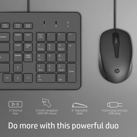 HP 150 Wired Keyboard and Optical Mouse Combo with 1600 DPI